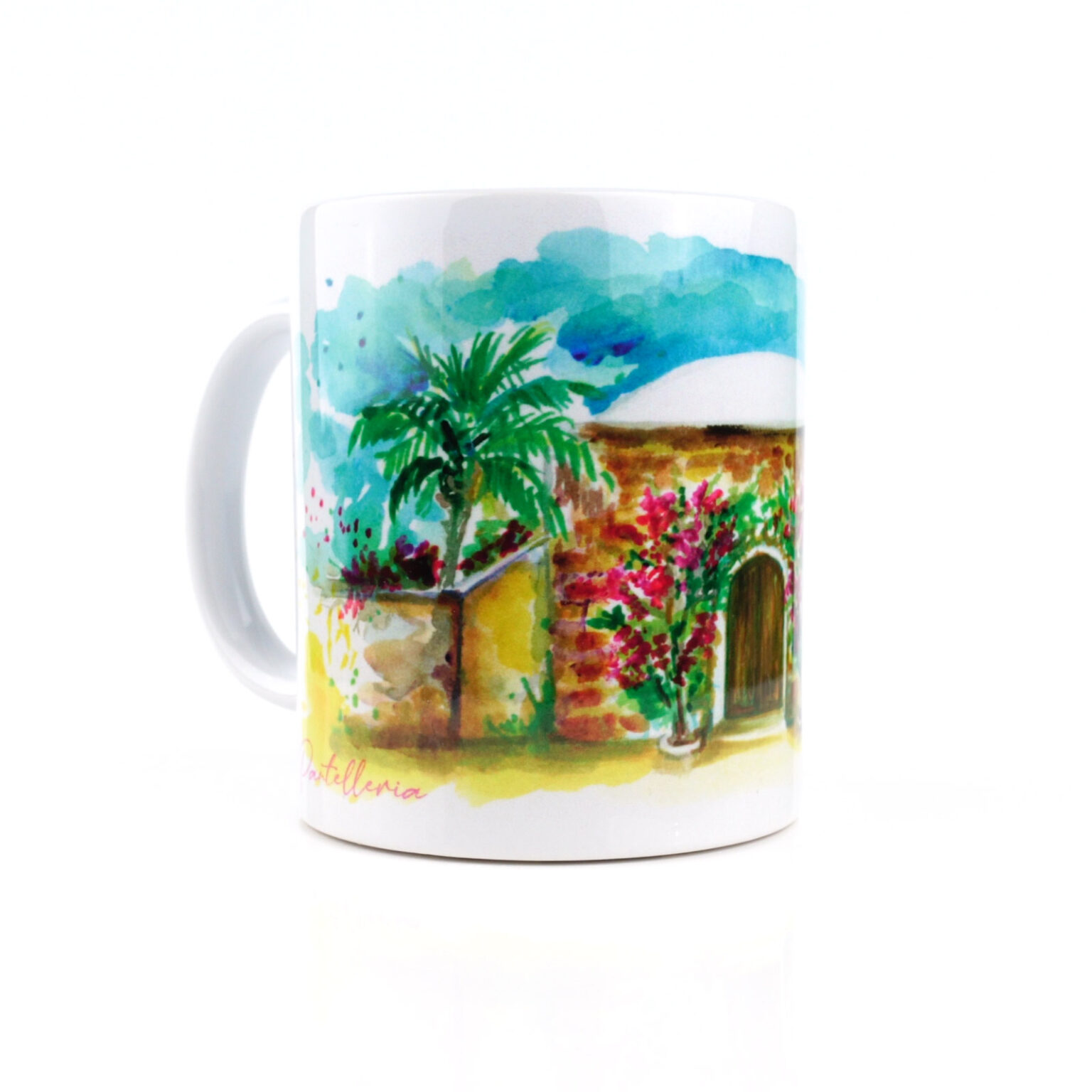 Tazza in ceramica lucida con disegno di un dammuso di pantelleria