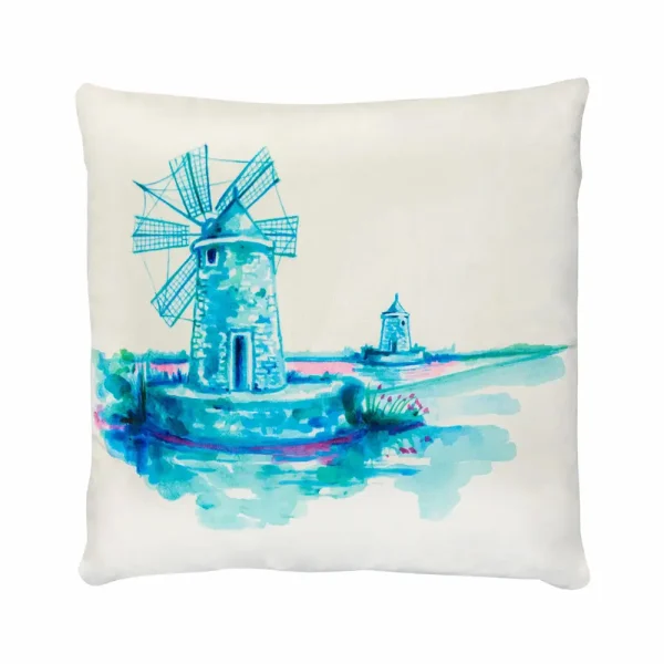 Cuscino in velluto con disegno ad acquerello di un antico mulino