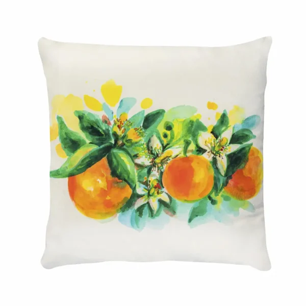 Cuscino in velluto con disegno ad acquerello di arance fiorite