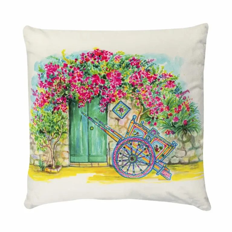 Cuscino in velluto con disegno ad acquerello di un baglio fiorito