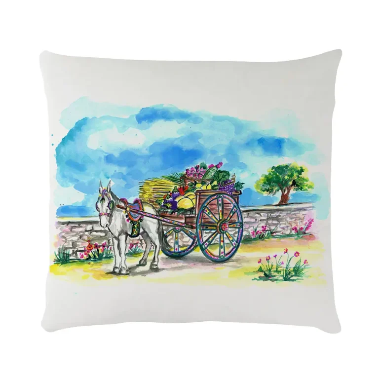 Cuscino in velluto con disegno ad acquerello di un carretto siciliano