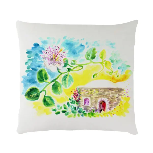 Cuscino in velluto con disegno ad acquerello di un dammuso di Pantelleria