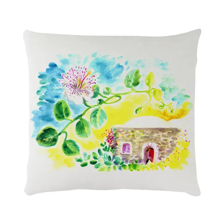 Cuscino in velluto con disegno ad acquerello di un dammuso di Pantelleria