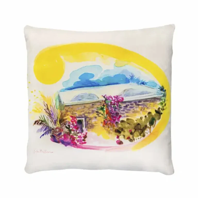 Cuscino in velluto con disegno ad acquerello di un dammuso di Pantelleria