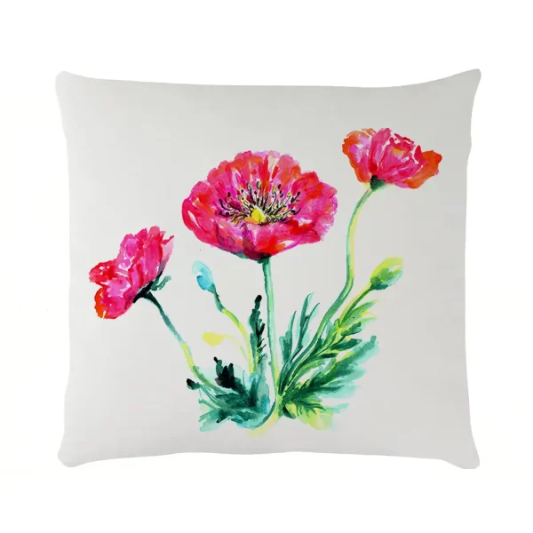 Cuscino in velluto con disegno ad acquerello di papaveri selvaggi