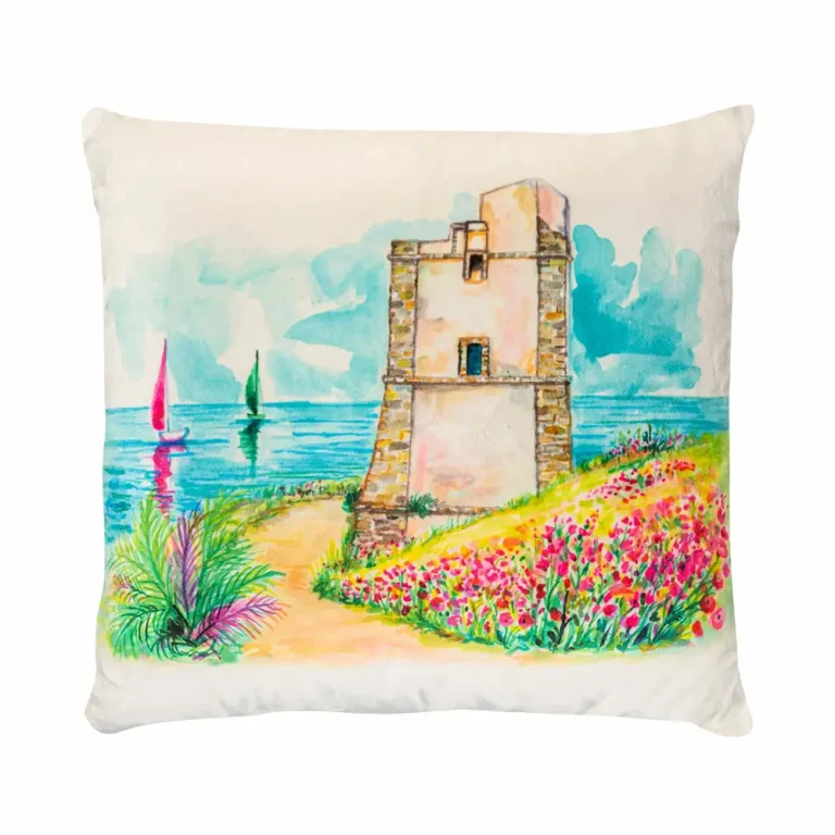 Cuscino in velluto con disegno ad acquerello di una torre saracena