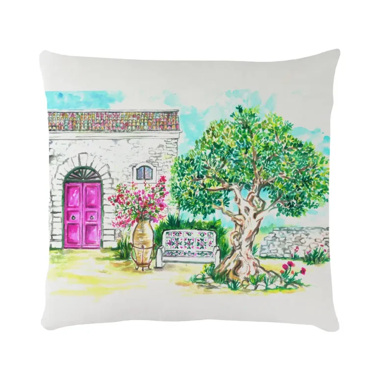 Cuscino in velluto con disegno ad acquerello di un ulivo secolare