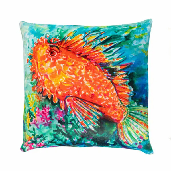 Cuscino in velluto con disegno ad acquerello di uno scorfano