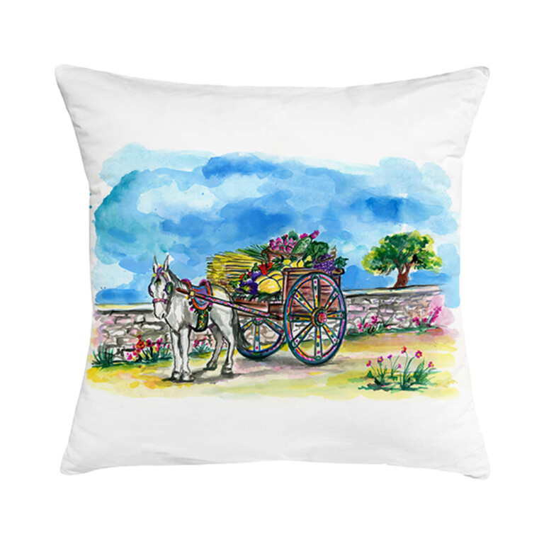 Cuscino in cotone con disegno ad acquerello di un carretto siciliano