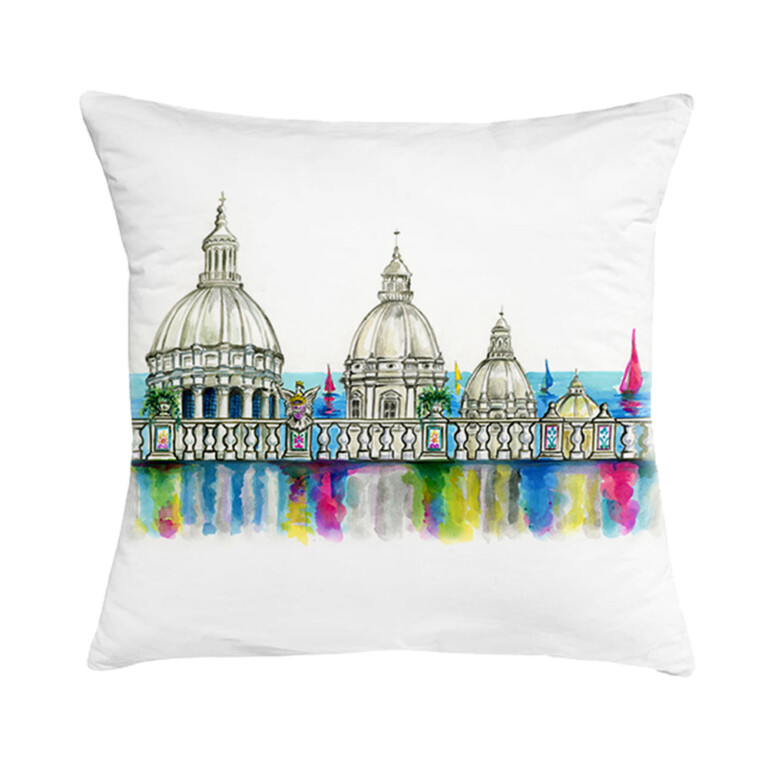 Cuscino in cotone con disegno ad acquerello della vista sulle cupole della città