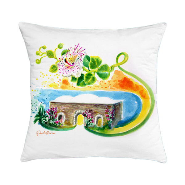 Cuscino in cotone con disegno ad acquerello di un dammuso di Pantelleria