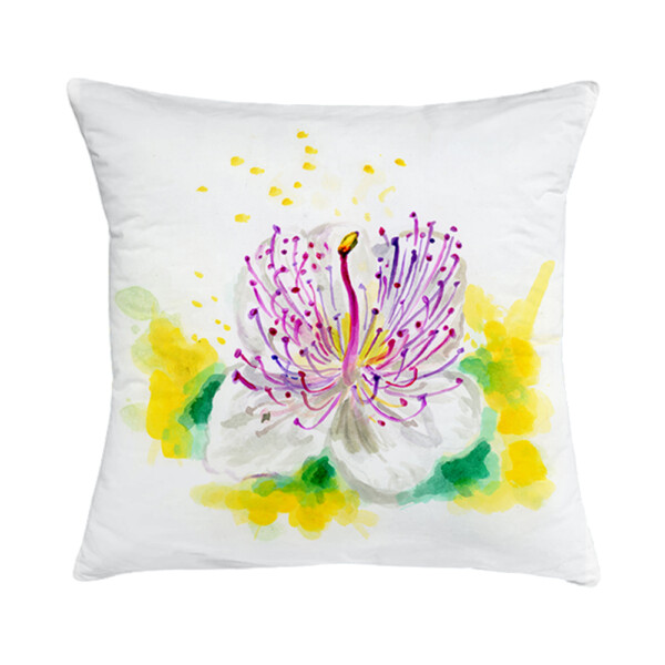 Cuscino in cotone con disegno ad acquerello di un fiore di cappero