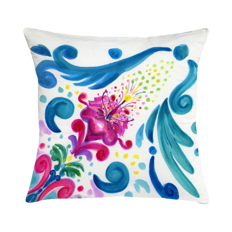 Cuscino in cotone con disegno ad acquerello di una maiolica siciliana