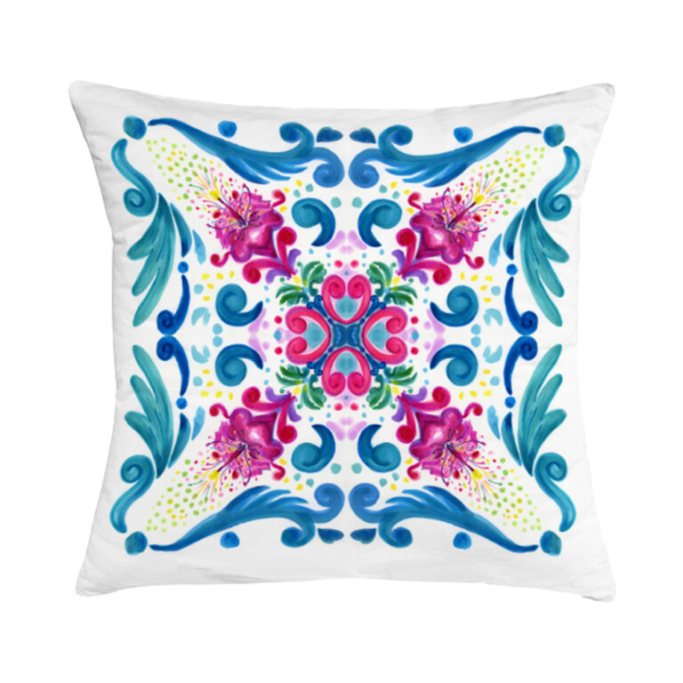 Cuscino in cotone con disegno ad acquerello di una maiolica siciliana