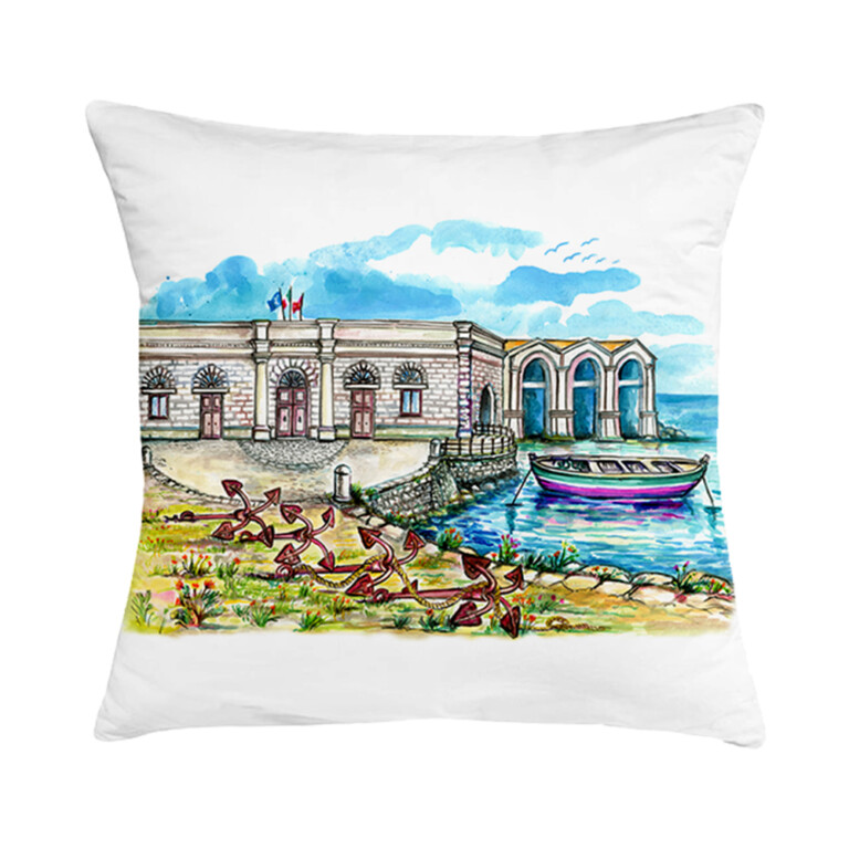 Cuscino in cotone con disegno ad acquerello di una tonnara siciliana
