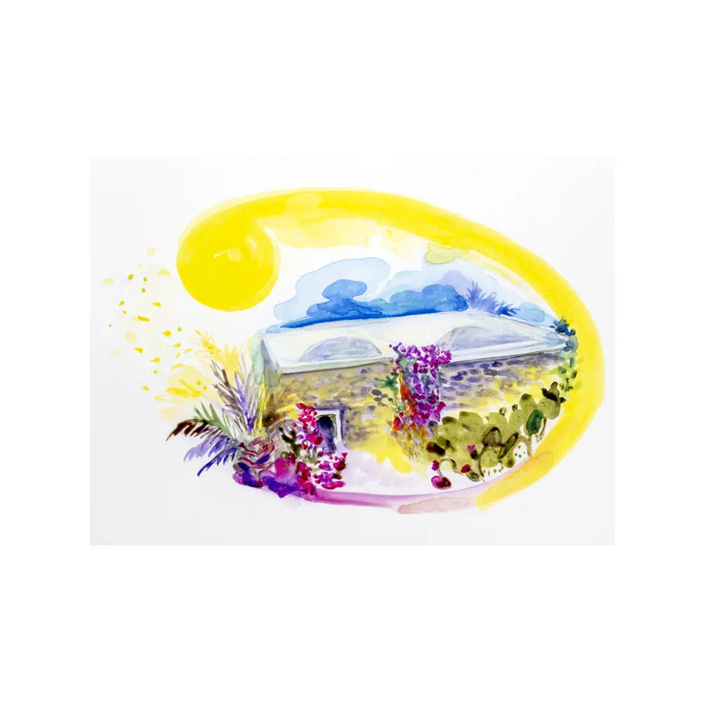 Litografia con disegno ad acquerello di un dammuso di Pantelleria