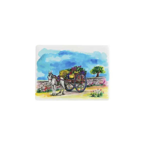 Magnete in stile siciliano con disegno ad acquerello di un carretto siciliano