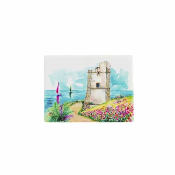 Magnete in stile siciliano con disegno ad acquerello di una torre saracena