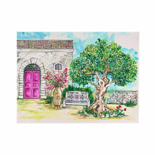 Tovaglietta in juta con disegno di un ulivo secolare