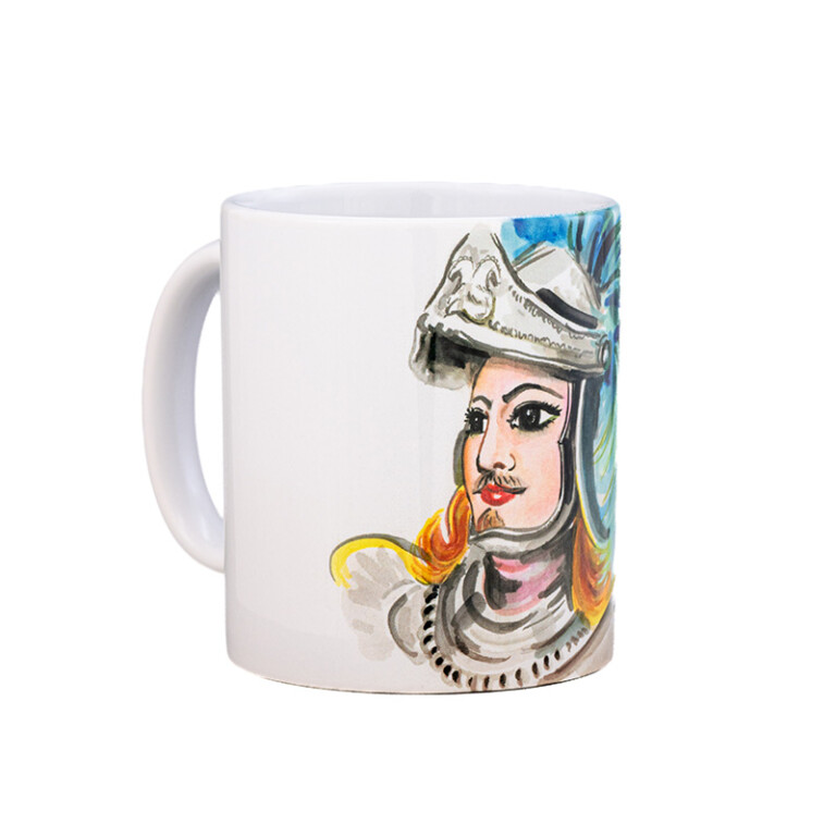 Tazza in ceramica lucida con disegno di un pupo siciliano